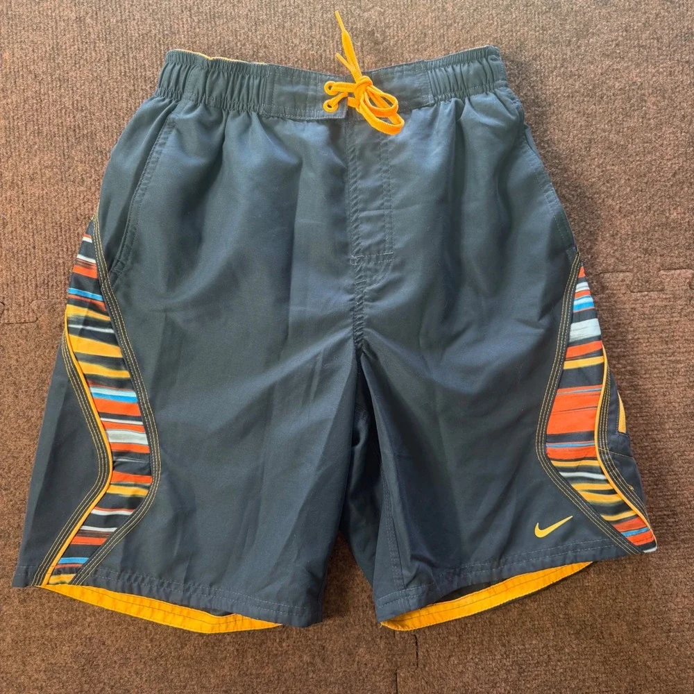 Nike Mens Swim Trunks Small Black Orange Striped Board Shorts Mesh Lined A+ beac